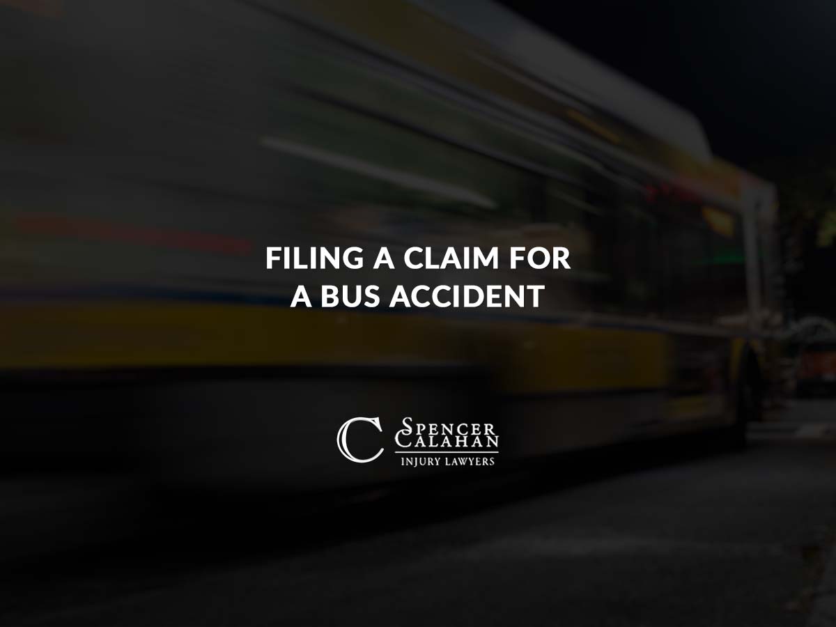 Bus speeding down the road. Text overlay: Filing a Claim for a Bus Accident