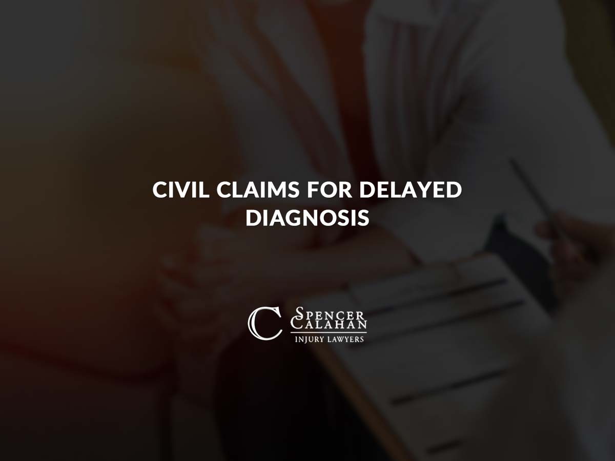 Person with clipboard talking to person on sitting on couch. Text overlay: Civil Claims for Delayed Diagnosis
