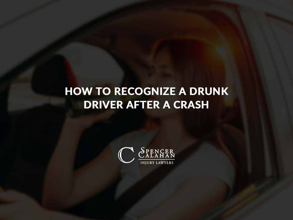 Person drinking beer while driving. Text overlay: How to Recognize a Drunk Driver After a Crash