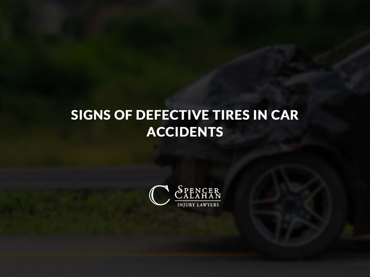 crashed car on road side. text overlay: Signs of Defective Tires in Car Accidents