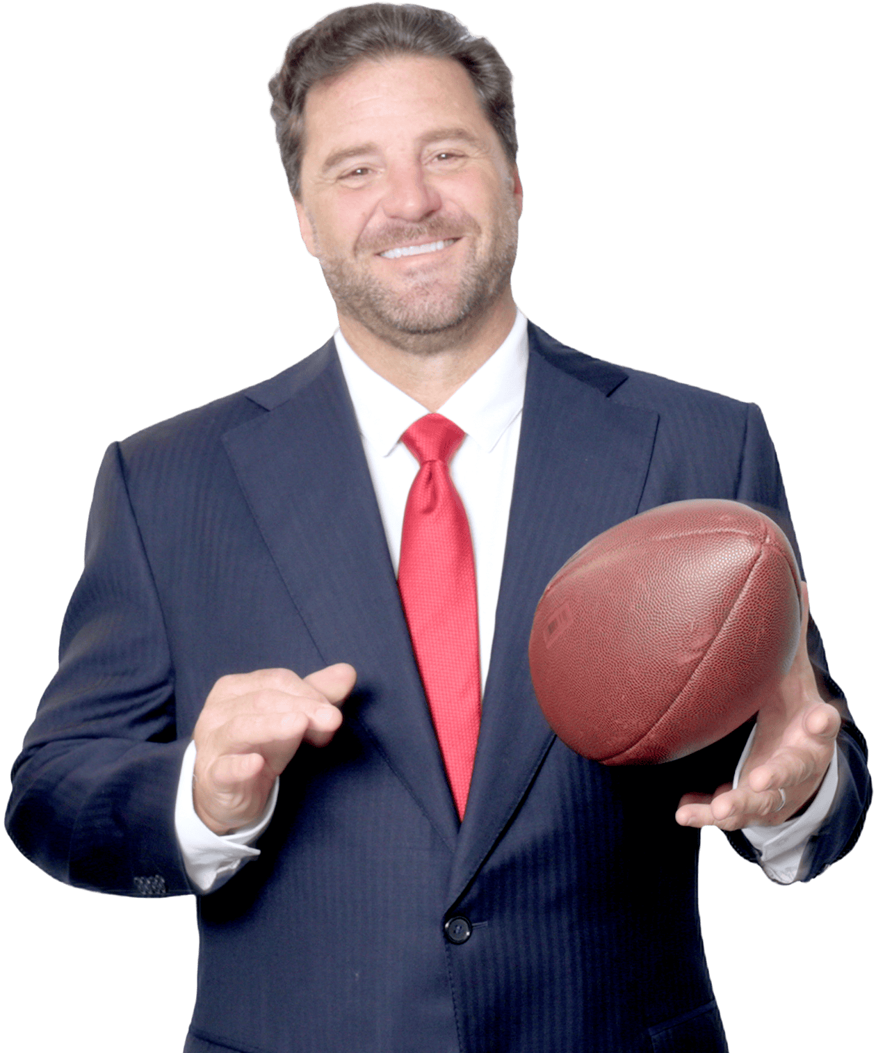 A smiling injury lawyer in a suit and red tie holding a football.