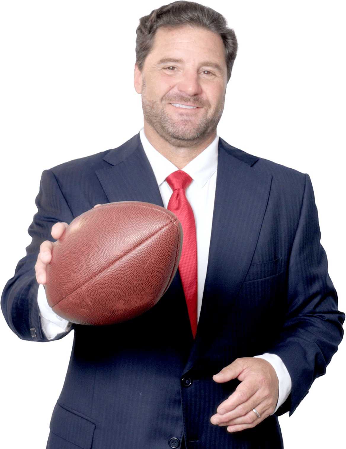 A car accident lawyer in a suit and red tie holds a football.